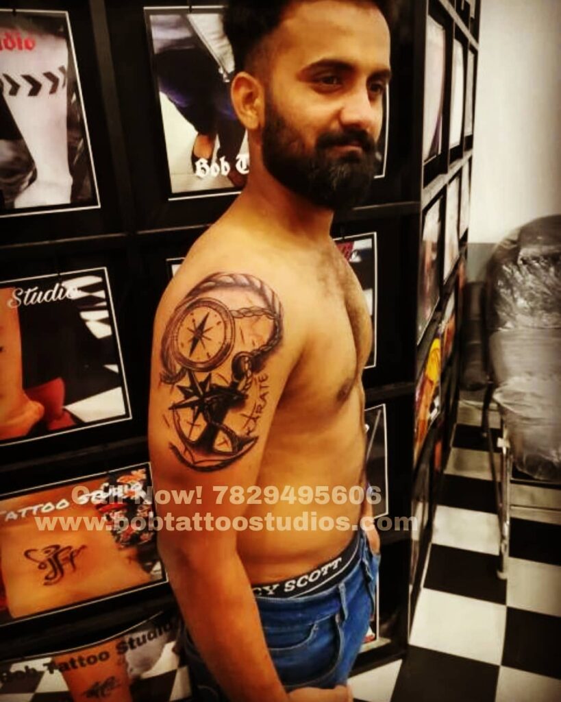 Anchor with rope and compass Tattoo Designs- Bob Tattoo Studio|Best Tattoo Studio in Bangalore|Best Tattoo Shop near me